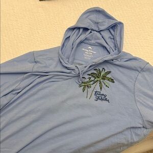 Tommy Bahama XXL lt Blue Hoodie with Palm Tree screen print & Embroidery combo.